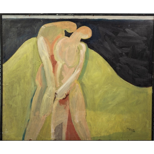 69 - COLIN JELLICOE (1942-2018)OIL ON BOARD Semi- abstract- Naked lovers in a landscape Signed and dated ... 