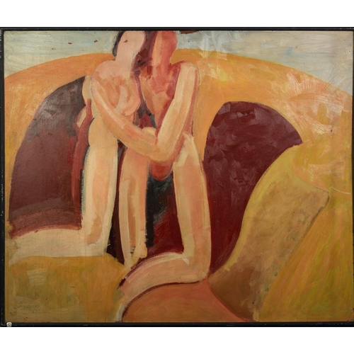 70 - COLIN JELLICOE (1942-2018)OIL ON BOARD Semi- abstract- Naked lovers in a landscape Signed and dated ... 