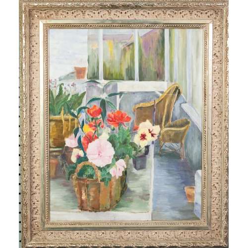 103 - M. RINTLER (MODERN) OIL ON CANVAS A study of flowers in a basket on a terrace Signed on the stretche... 