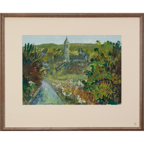 42 - MARGARET GUMUCHIAN (1928 - 1999)GOUACHE DRAWING Leafy lane and church Signed 9 1/2 x 13 1/2in (24 x ... 