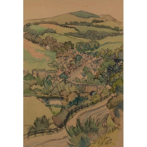 35 - IAN GRANT (1904 - 1993) PENCIL AND WATERCOLOUR DRAWING Wooded Village Labelled verso 14 x 9 1/2in (3... 