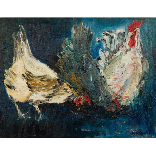 4 - K.D. BAILEY (TWENTIETH/ TWENTY FIRST CENTURY) OIL ON BOARDThree chickens pecking at seed Signed 13 ½... 