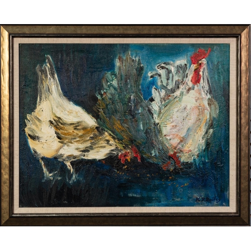 4 - K.D. BAILEY (TWENTIETH/ TWENTY FIRST CENTURY) OIL ON BOARDThree chickens pecking at seed Signed 13 ½... 