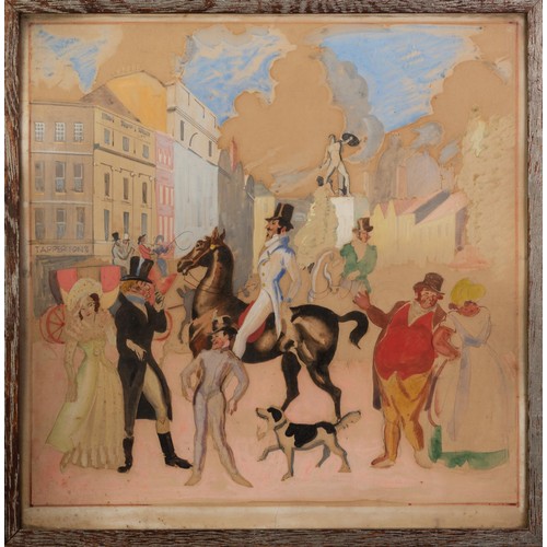 116 - HARRY RUTHERFORD (1903 - 1985) WATERCOLOUR DRAWING Regency street scene with figures, dog, gentleman... 