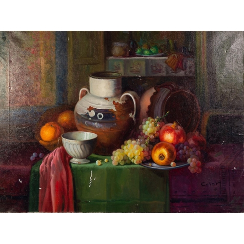 13 - JOSÉ PEREZ COLLAR (1948) OIL PAINTING ON CANVAS Still Life with fruit and pots on a tableSigned Coll... 