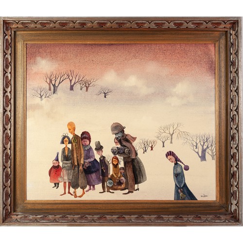 29 - UNATTRIBUTED OIL PAINTING ON BOARD Family group of figures in a snowy winter landscape with bare tre... 