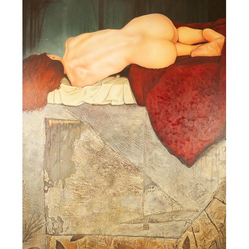 37 - DAVID GRAUX (b.1970) OIL ON BOX CANVAS 'Recueil' sleeping female nude Signed and dated 1994 39 ¼