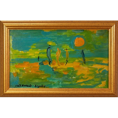 58 - † LAWRENCE JAMES ISHERWOOD (1917-1988) OIL ON BOARD ‘Sun Beach, Espana’ Signed, titled and dated ’81... 