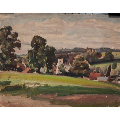 111 - HARRY RUTHERFORD (1903 - 1983) OIL PAINTING ON DALER BOARD View of Mottram village and church 14in x... 