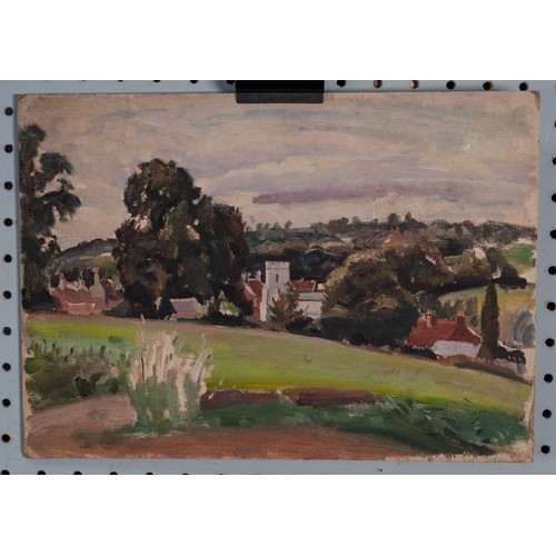 112 - HARRY RUTHERFORD (1903 - 1983) OIL PAINTING ON ARTIST'S BOARD View of Mottram village and church 10i... 