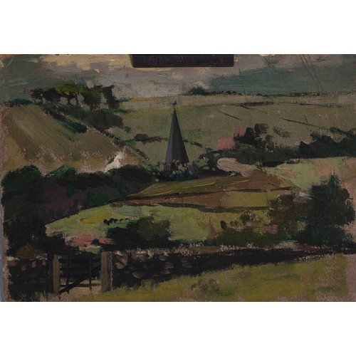 113 - HARRY RUTHERFORD (1903 - 1983) OIL PAINTING ON ARTIST'S BOARD Rural Landscape with church spire near... 