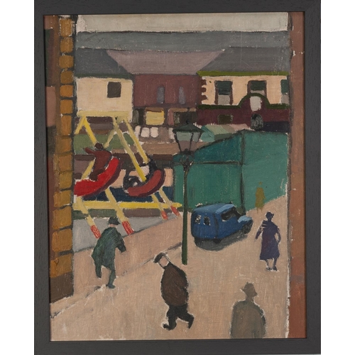 122 - ATTRIBUTED TO HARRY RUTHERFORD (1903-1985) OIL ON BOARD Street scene with figures and children on sw... 