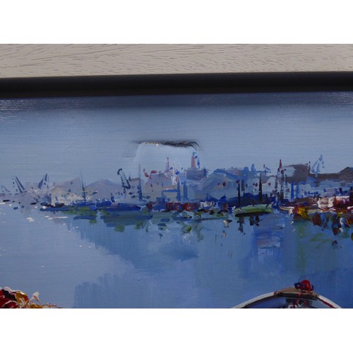 124 - FRANCISCO SANTANA (MODERN) OIL ON CANVAS‘Harbour Life VI’ Signed, titled to gallery label verso 47” ... 