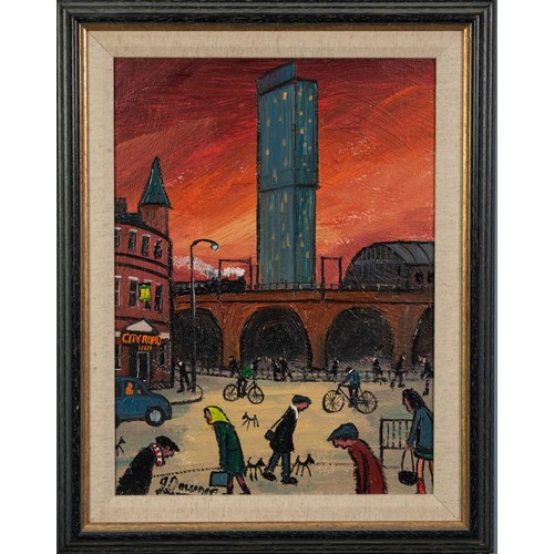 25 - JAMES DOWNIE (b.1949) ACRYLIC ON CANVAS Whitworth Street Crossroads, Manchester Signed and dated 201... 