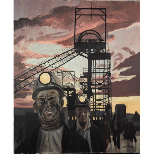 47 - † ROGER HAMPSON (1925 - 1996) OIL PAINTING ON CANVAS Deep Navigation, coal miners coming off shift a... 