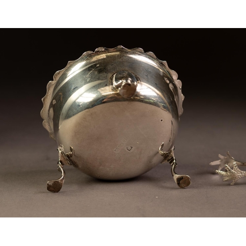 215 - GEORGE VI SILVER SUGAR BOWL, with cyma border and scroll supports, 1 ¾” (4.4cm) high, 3 ¼” (8.2cm) d... 