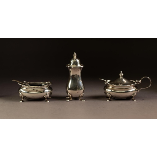 216 - EARLY TWENTIETH CENTURY THREE PIECE CONDIMENT SET BY WALKER & HALL, of rounded oblong form with ... 
