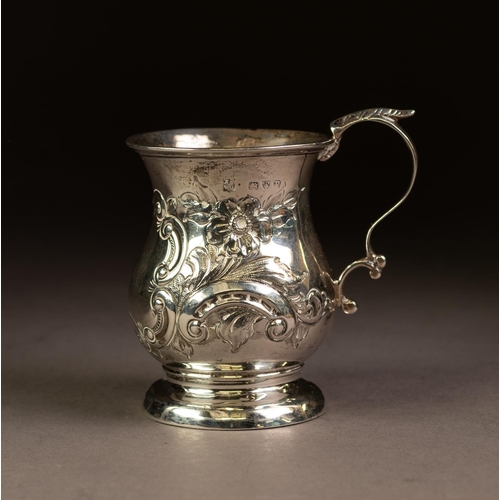 217 - LATE VICTORIAN EMBOSSED SILVER CHRISTENING MUG BY JOHN & WILLIAM DEAKIN, of baluster form with c... 