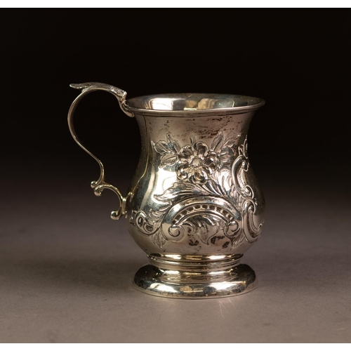 217 - LATE VICTORIAN EMBOSSED SILVER CHRISTENING MUG BY JOHN & WILLIAM DEAKIN, of baluster form with c... 