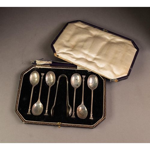 219 - GEORGE V CASED SET OF SIX SILVER SEAL TOP TEASPOONS AND THE MATCHING PAIR OF SUGAR TONGS, case a/f, ... 