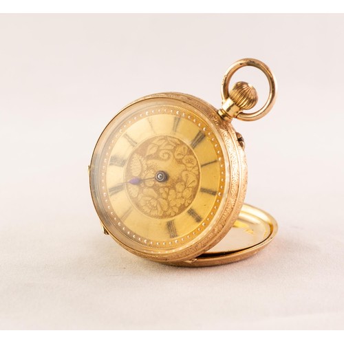 10 - EARLY 20th CENTURY SWISS 18K GOLD CASED LADY'S KEYLESS OPEN FACE FOB WATCH, with engraved case, gros... 