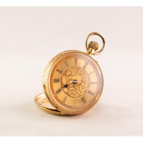 10 - EARLY 20th CENTURY SWISS 18K GOLD CASED LADY'S KEYLESS OPEN FACE FOB WATCH, with engraved case, gros... 