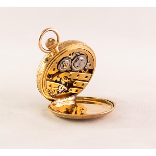 10 - EARLY 20th CENTURY SWISS 18K GOLD CASED LADY'S KEYLESS OPEN FACE FOB WATCH, with engraved case, gros... 