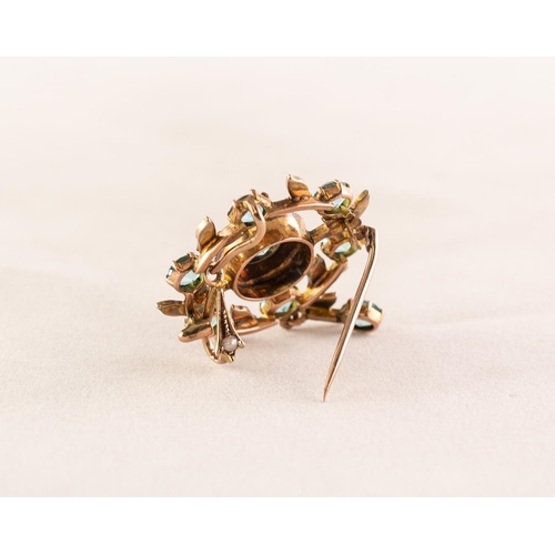 84 - 9ct GOLD EDWARDIAN STYLE CIRCULAR OPENWORK BROOCH/PENDANT set with possibly aquamarine and seed pear... 