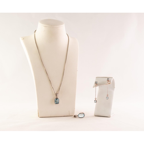 47 - SILVER AQUAMARINE SET OBLONG PENDANT, on silver fine chain necklace; an oval facet cut aquamarine PE... 