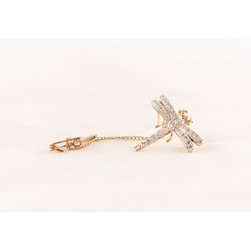 48A - TINY 9ct GOLD AND DIAMOND ILLUSION SET DRAGONFLY BROOCH, with safety chain, 2gms gross