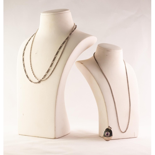 43 - OVAL SILVER AMETHYST SET LOCKET and three silver and metal CHAINS (4)