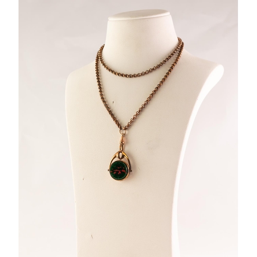 44 - ROLLED GOLD BLOODSTONE SET SWIVELLING WATCH FOB with 9ct GOLD CLIP and giltmetal CHAIN as a necklace