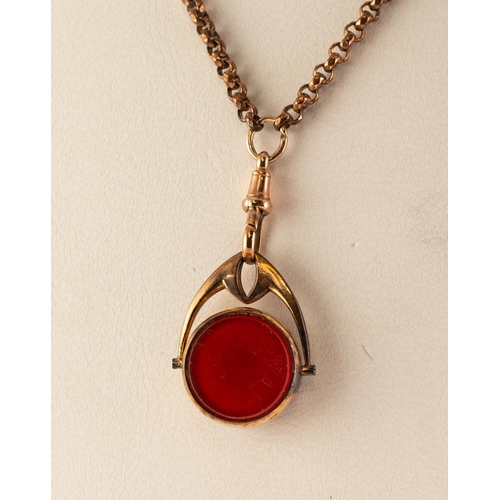 44 - ROLLED GOLD BLOODSTONE SET SWIVELLING WATCH FOB with 9ct GOLD CLIP and giltmetal CHAIN as a necklace