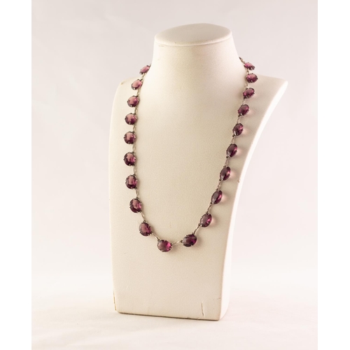 46 - SILVER COLOURED METAL 23 STONE AMETHYST SET NECKLACE