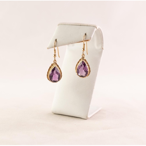 38 - PAIR OF 9ct GOLD AMETHYST SET TEAR DROP EARRINGS, 5 gms gross (2)