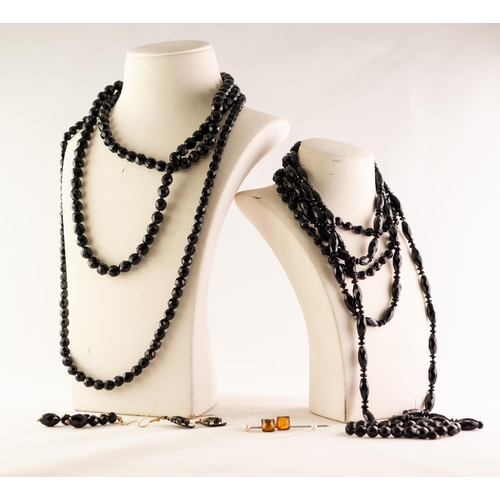 39 - FOUR JET FACETED BEAD NECKLACES, a similar BRACELET and a pair of pendant EARRINGS; a pair of JET AN... 