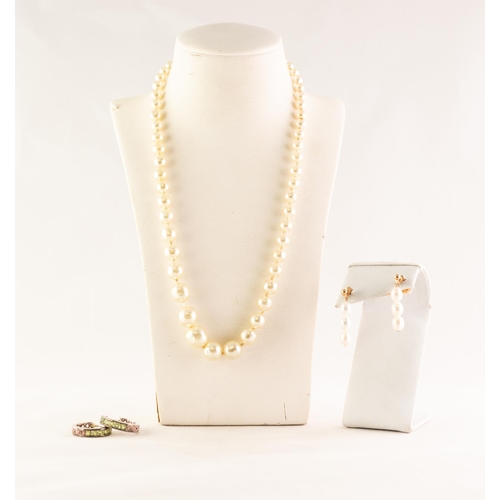 56 - PAIR OF PENDANT EARRINGS each with three 9ct gold set cultured pearls, a pair of silver yellow stone... 