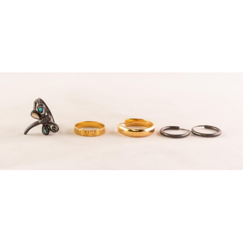 57 - 22ct GOLD WEDDING RING, 2.9 gms; a single 18ct GOLD EARRING, 2.1 gms; a white metal and abalone shel... 
