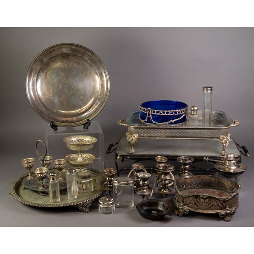 274 - QUANTITY OF PLATED ITEMS including a spirit burner warming plate, teapots, oval galleried tray, pair... 
