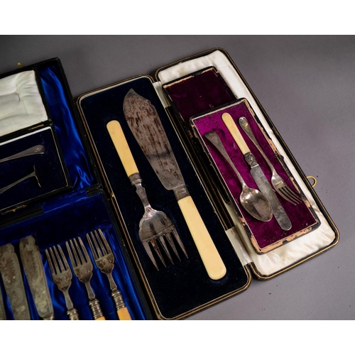 275 - CASED SET OF SIX ELECTROPLATED FISH KNIVES AND FORKS; a cased pair of FISH SERVERS; a cased set of s... 