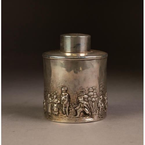 228 - GEORGE V EMBOSSED SILVER TEA CADDY RETAILED BY FINNIGANS OF MANCHESTER, of cylindrical form with pul... 