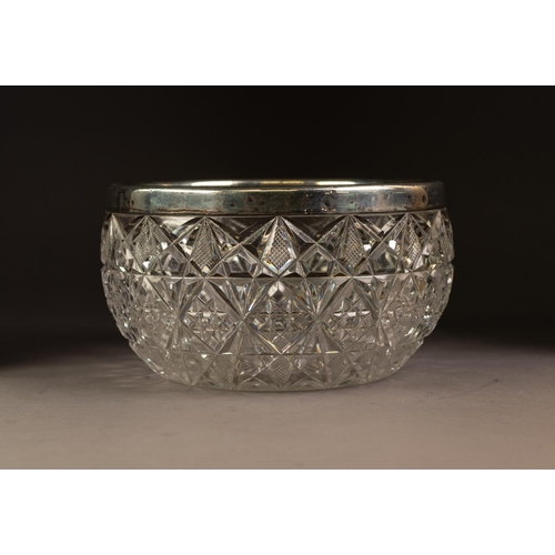230 - VICTORIAN CUT GLASS SALAD BOWL WITH SILVER RIM, 5” (12.7cm) high, 8 ½” (21.6cm) diameter, Birmingham... 