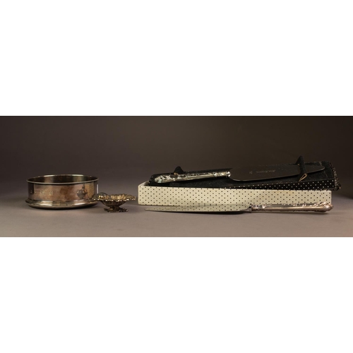 231 - MODERN SILVER WINE BOTTLE COASTER, of typical form with beaded border and hardwood base, 4 ½” (11.4c... 