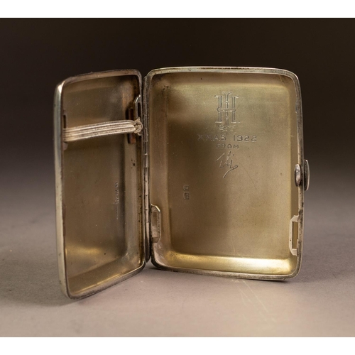 222 - GEORGE V PRESENTATION ENGINE TURNED SILVER AND GILT BANDED POCKET CIGARETTE CASE, inscribed and mono... 