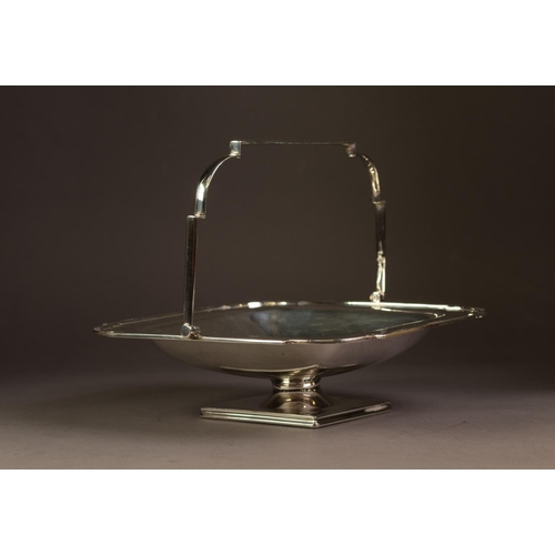 224 - GEORGE V ART DECO SILVER SWING HANDLED PEDESTAL CAKE BASKET BY ALEXANDER CLARK & Co, of square f... 