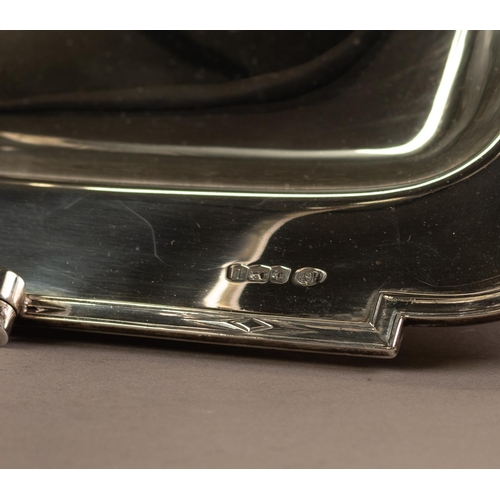 224 - GEORGE V ART DECO SILVER SWING HANDLED PEDESTAL CAKE BASKET BY ALEXANDER CLARK & Co, of square f... 