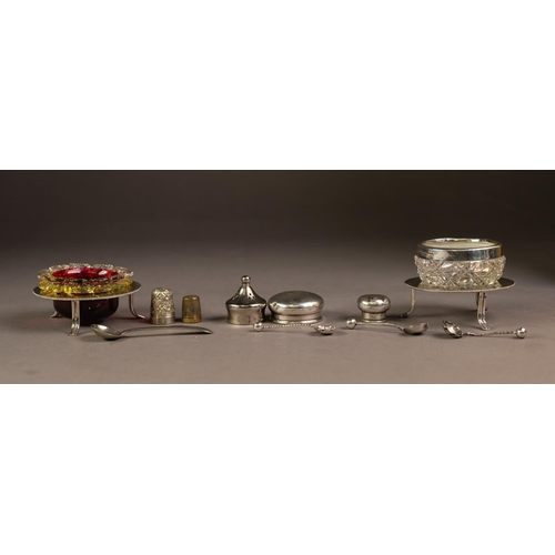 227 - MIXED LOT OF SMALL SILVER, comprising: TWO PULL-OFF COVERS, CUT GLASS OPEN SALT WITH SILVER RIM, PAI... 