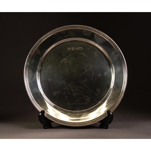 206 - SILVER PLATE WITH BROAD FLAT BORDER AND STEP MOULDED EDGE, produced for the Library of Imperial Hist... 