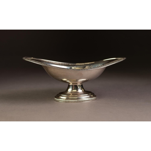 211 - EDWARDIAN SILVER PEDESTAL SWEETMEAT DISH, oval and boat shaped with flat border, egg and dart edge, ... 