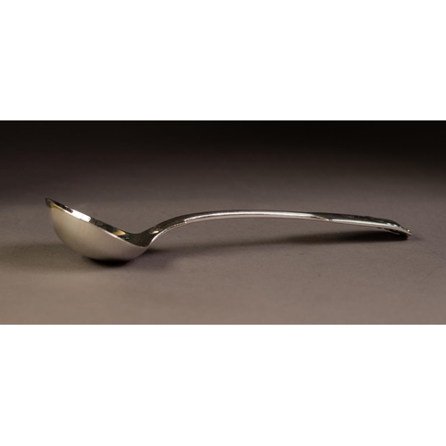 213 - LATE VICTORIAN SILVER HEAVY QUALITY SAUCE LADLE, fiddle thread and shell pattern, double struck, eng... 